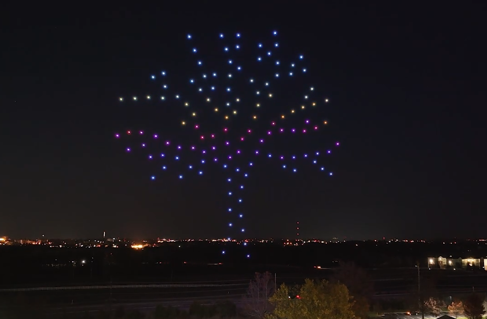 Still image of Christmas Magic Tree drone show at The Crossing in Columbia Missouri
